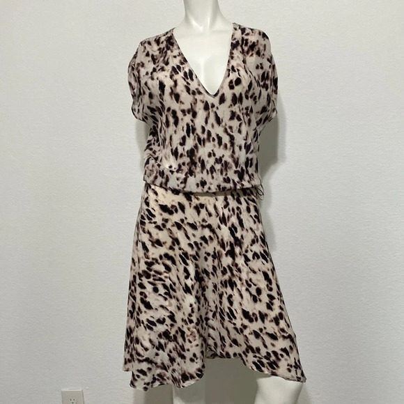 Haute Hippie Silk Cream & Brown Animal Print V-Neck Leopard High-Lo Dress XS - Picture 1 of 4